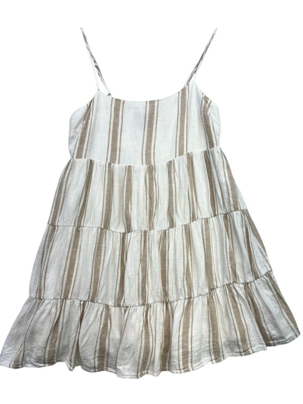 Linen Blend Tiered Mini Dress Sleeveless Size M Cream Tan Stripe